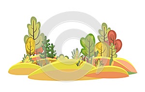Flat autumn forest. Beautiful landscape with trees. Illustration in a simple symbolic style. A funny scene. Comic