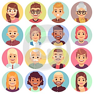 Flat avatars. Different portraits of men and women diverse ages. Professional team faces. Office workers cartoon vector