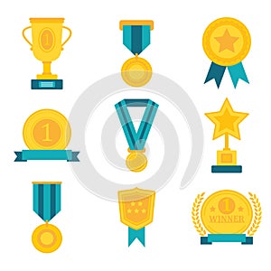 Flat awards medal trophy champion cup badge winner success icon collections vector illustration