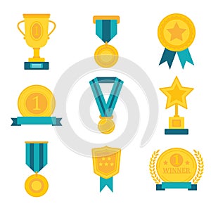 Flat awards medal trophy champion cup badge winner success icon collections vector illustration photo