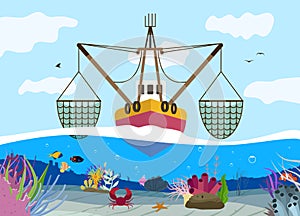 Flat background with fishing boat and sea bottom with different creatures illustration