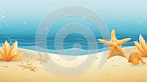 Flat background illustration of a sandy beach with starfish and seashells