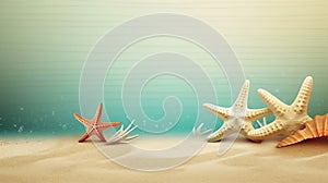 Flat background illustration of a sandy beach with starfish and seashells