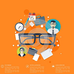 Flat background with papers and glasses icon.Temwork concept. Global communication and working expierence. Business