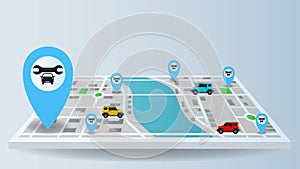 flat background route navigation location city map with blue pin and garage shop fixing a car service