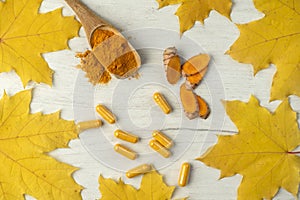 Flat background with turmeric in different shapes Capsule and powder in a wooden spoon and root cut into pieces