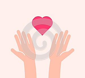 Flat background with two hands receiving or sending heart icon. Vector illustration for charity, help, supporting, work of volunte