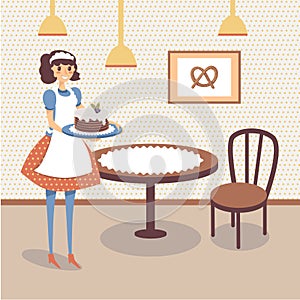 Flat bakery store interior with table, wooden chair and picture of pretzel on the wall. Smiling girl waitress holding