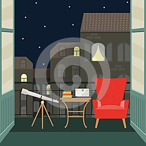 Flat balcony with telescope, chair and notebook. vector illustration