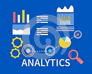 Flat Banner Analytics on Blue Background. Vector