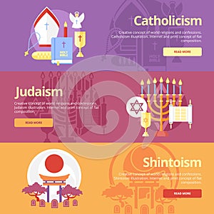 Flat banner concepts for catholicism, judaism, shintoism. Religion concepts for web banners and print materials.