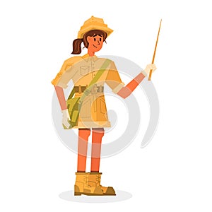 Flat banner girl historian holding wooden pointer