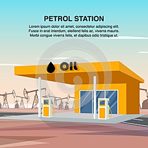 Flat Banner Illustration Yellow Petrol Car Station