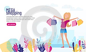 Flat banner template for online store. Happy girl with a purchase. The landing page offers to buy.