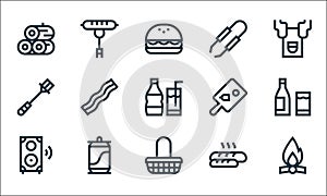 flat barbecue line icons. linear set. quality vector line set such as bonfire, basket, speaker, bread, beer can, basting brush,