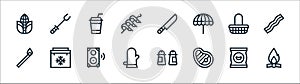 Flat barbecue line icons. linear set. quality vector line set such as bonfire, steak, glove, match, basket, drink, knife, barbecue