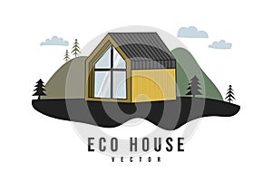 Flat barnhouse, modern, two-storey house in the background of nature. Background for web and print. Horizontal logo vector