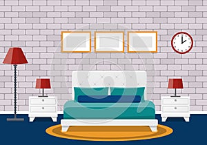 Flat bedroom interior. Hotel room design. Vector background.