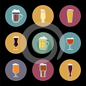 Flat beer glass icons set