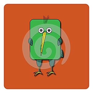 Flat bird design on color background. Rounded rectangle green kiwi bird. Funny cartoon bird. Abstract bird logo