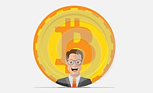 Flat bitcoin icon and businessman. Golden coin with man.