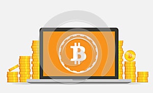 Flat bitcoin mining equipment. Golden coin in computer concept.