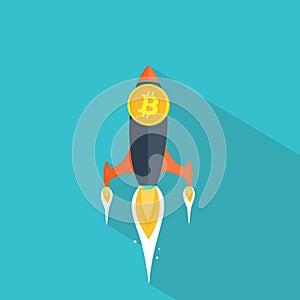 Flat Bitcoin rocket on blue background