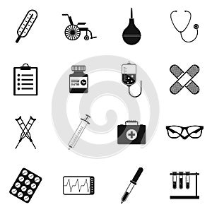 Flat black icons set of medical tools and healthcare equipment