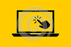 flat black laptop icon with choosing cursor or hand pointer isolated on yellow. Concept of using screen mobile computer or search