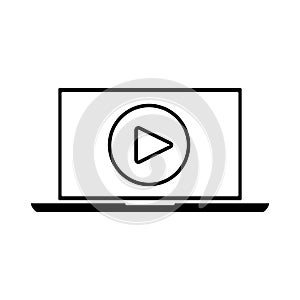 flat black laptop icon with play button on white background. online player symbol