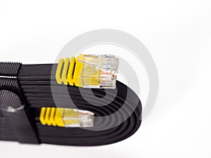 Flat black network cable on a white background.