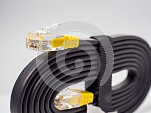 Flat black network cable on a white background.