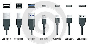 Flat black usb types port plug in cables set with realistic connectors. Connector and ports. USB type A, type B, type C