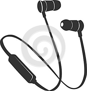 Flat black vector icon of wired in ear headphones.