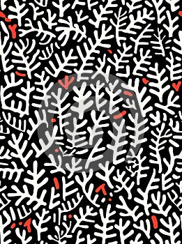 Flat black and white brain coral texture print, black and white, thin lines