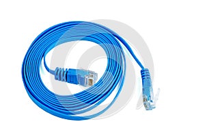 Flat blue ethernet copper, RJ45 patchcord isolated on white photo