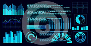 Flat blue HUD virtual dashboard display. User interface touch screen. Graph trend diagram. Data analysis augmented