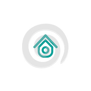 Flat blue outline home icon. Simple silhouette of the house with roof