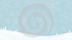Flat blue winter landscape background with snowflake silhouettes. Snowy mountains with fir trees.