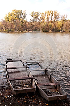 Flat boats on the backwater,Hungary