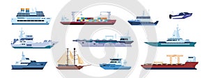 Flat boats. Ocean sailboats ships yacht and catamarans, isolated marine transport. Vector sailing vessel and motor ships photo