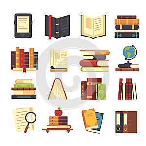 Flat book icons. Library books, open dictionary and encyclopedia on stand. Pile of magazines, ebook and novel booklet