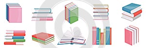 Flat books banner icons. Magazines with bookmark, history and open or closed textbook science pile of old book stack on