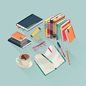 Flat books desktop. Open book reading text magazine study read student school literature, colorful vector illustration