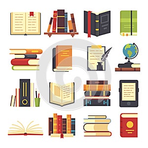 Flat books icons. Magazines with bookmark, history and open science book stack. Encyclopedia on library shelves vector