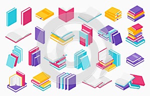 Flat books icons. Stack of open and close books, magazines textbooks and brochures, vector group of books for learning