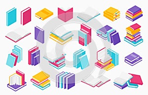 Flat books icons. Stack of open and close books, magazines textbooks and brochures, vector group of books for learning photo