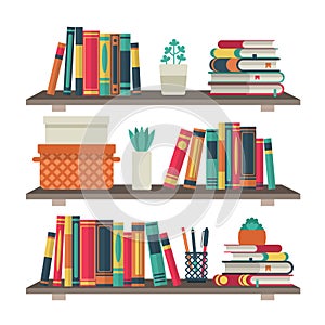 Flat bookshelves. Shelf book in room library, reading book office shelf wall interior study school bookcase vector
