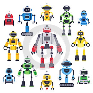 Flat bots and robots. Robotic bot mascot, humanoid robot and cute chatbot assistant vector flat characters set