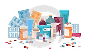 Flat bottles and pills. Medicine pills capsules and blisters, medical supplements and drugs addiction concept. Vector